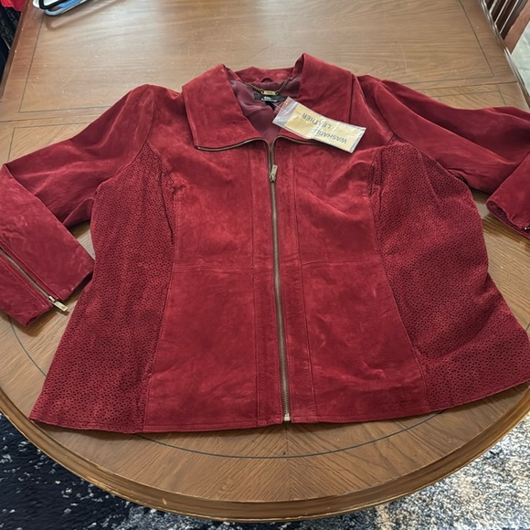 NWT Dennis Basso Suede Eyelet Leather Bomber Jacket Burgundy Red 2X - Picture 1 of 16